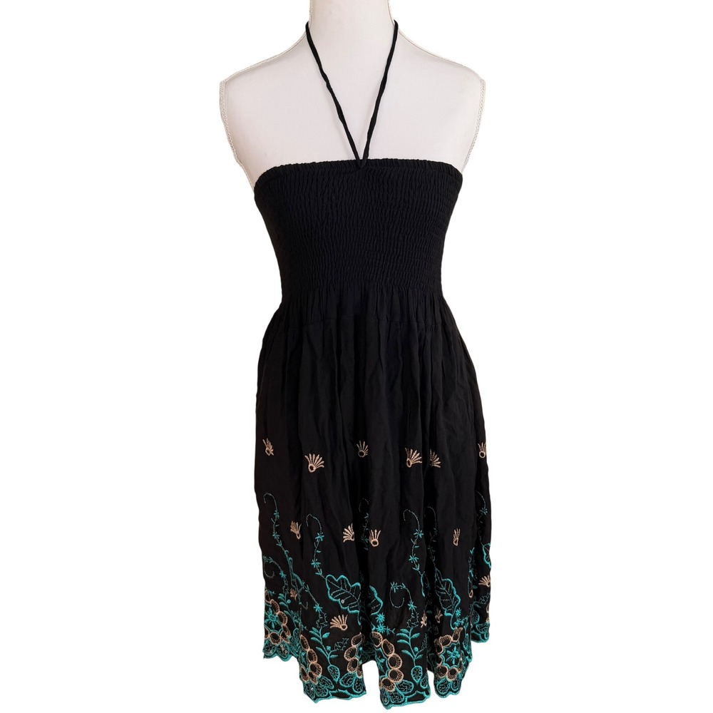 Amore Black Boho‎ Embroidered & Sequin Halter Dress Smocked Teal VTG women's S/M